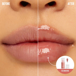 Before and after using Kaja Juicy Glass Lip Oil Fig Smoothie on lighter skin tone, showing hydrated and vibrant lips