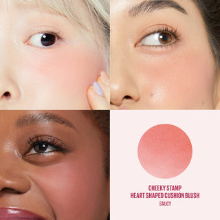 Collage of diverse models applying Kaja Cheeky Stamp blush in Saucy, with color swatch