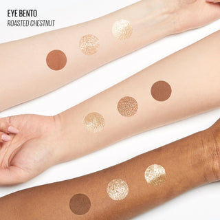 Kaja Beauty Bento Roasted Chestnut 3-shade swatches on various skin tone arms