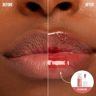 Before and after using Kaja Juicy Glass Lip Oil Fig Smoothie on a model with a deeper skin tone